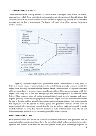TYPES OF COMMUNICATION
There are mainly three primary methods of communication in an organization, which are written,
oral, and non-verbal. These methods of communication are often combined. Considerations that
affect the choice of method include the audience whether it is physically present, the nature of the
message, and the lost of transmission. The figure 13.3 given below shows various forms each
method can take.

Typically organizations produce a great deal of written communication of many kinds. A
letter is a formal means of communication with an individual, generally someone outside the
organization. Probably the most common form of written communication in organizations is the
office memorandum, or a memo. Memos usually are addressed to a person or group inside the
organization. They tend to deal with a single topic and are more impersonal, but less formal than
letters. Other common forms of written communication include reports, manuals and forms.
Reports generally summarize the progress or results of a project and often provide information to
be used in decision-making. Manuals have various functions in organizations. Instruction manuals
tell employees how to operate machines; policy and procedure manuals inform them of
organizational rules; operations manual describe how to perform tasks and respond to workrelated problems. As such, they represent attempts to make communication more efficient and
information more accessible. A performance appraisal form is an example.
ORAL COMMUNICATION
Oral communication, also known as face-to-face communication is the most prevalent form of
organizational communication. It may be in the form of direct talk and conversation between the
speakers and listeners when they are physically present at one place or through telephone or
4

 