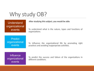 Why study OB?
After studying this subject, you would be able
To understand what is the nature, types and functions of
organizations.
To influence the organizational life by promoting right
practices and avoiding inappropriate activities.
To predict the success and failure of the organizations in
different conditions.
Understand
organizational
events
Predict
organizational
events
Influence
organizational
events
 