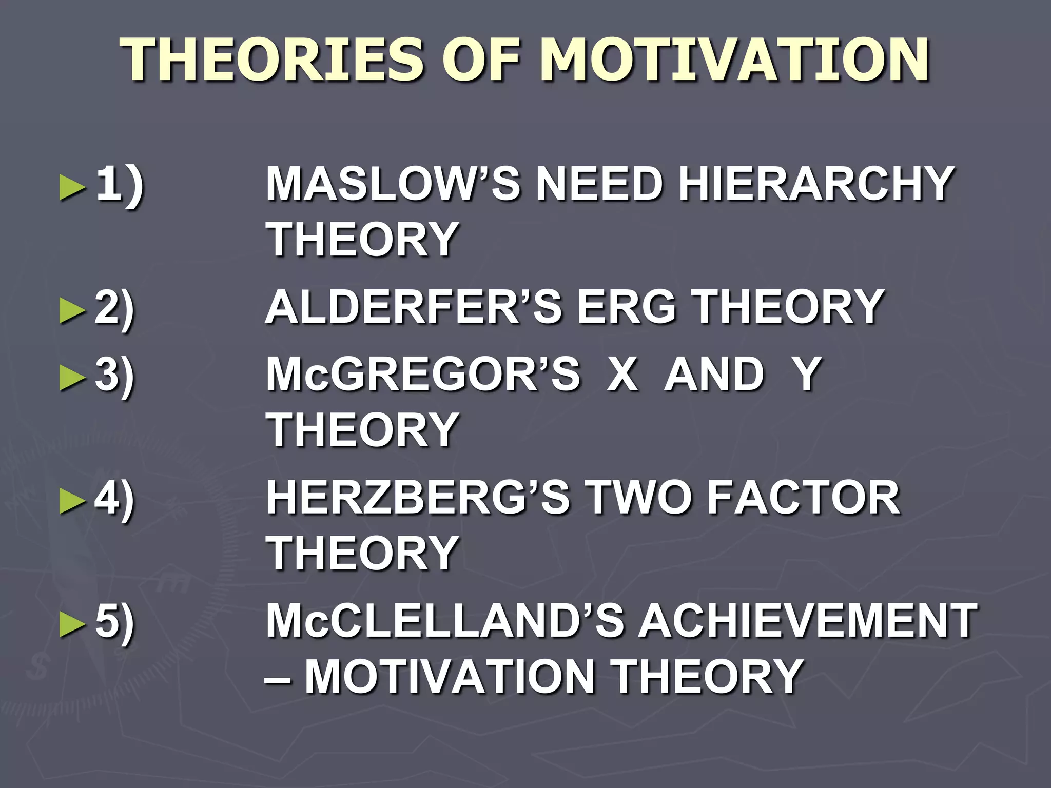 THEORIES OF MOTIVATION

► 1)   MASLOW’S NEED HIERARCHY
       THEORY
► 2)   ALDERFER’S ERG THEORY
► 3)   McGREGOR’S X AND Y
       THEORY
► 4)   HERZBERG’S TWO FACTOR
       THEORY
► 5)   McCLELLAND’S ACHIEVEMENT
       – MOTIVATION THEORY
 