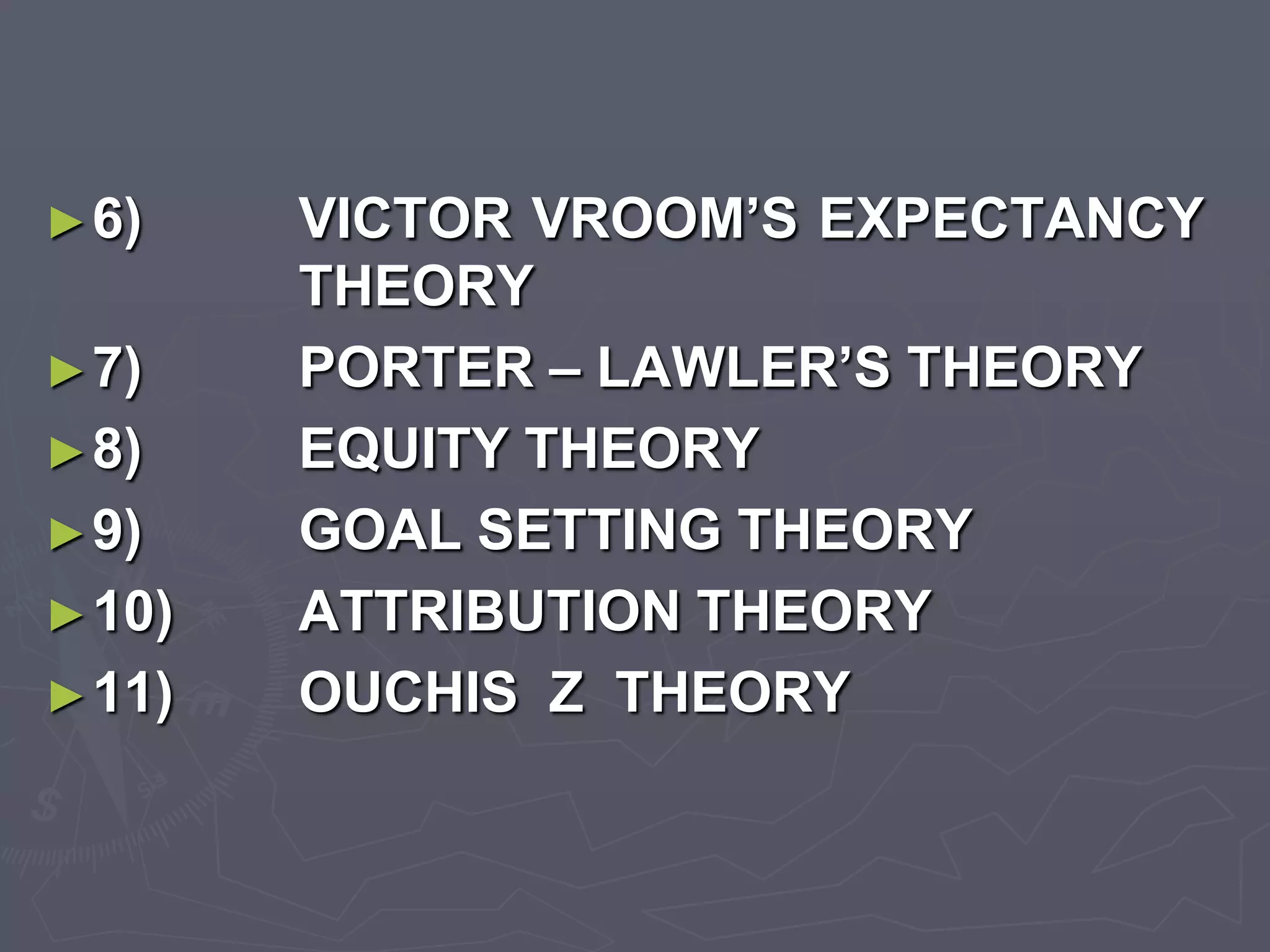 ► 6)    VICTOR VROOM’S EXPECTANCY
        THEORY
► 7)    PORTER – LAWLER’S THEORY
► 8)    EQUITY THEORY
► 9)    GOAL SETTING THEORY
► 10)   ATTRIBUTION THEORY
► 11)   OUCHIS Z THEORY
 