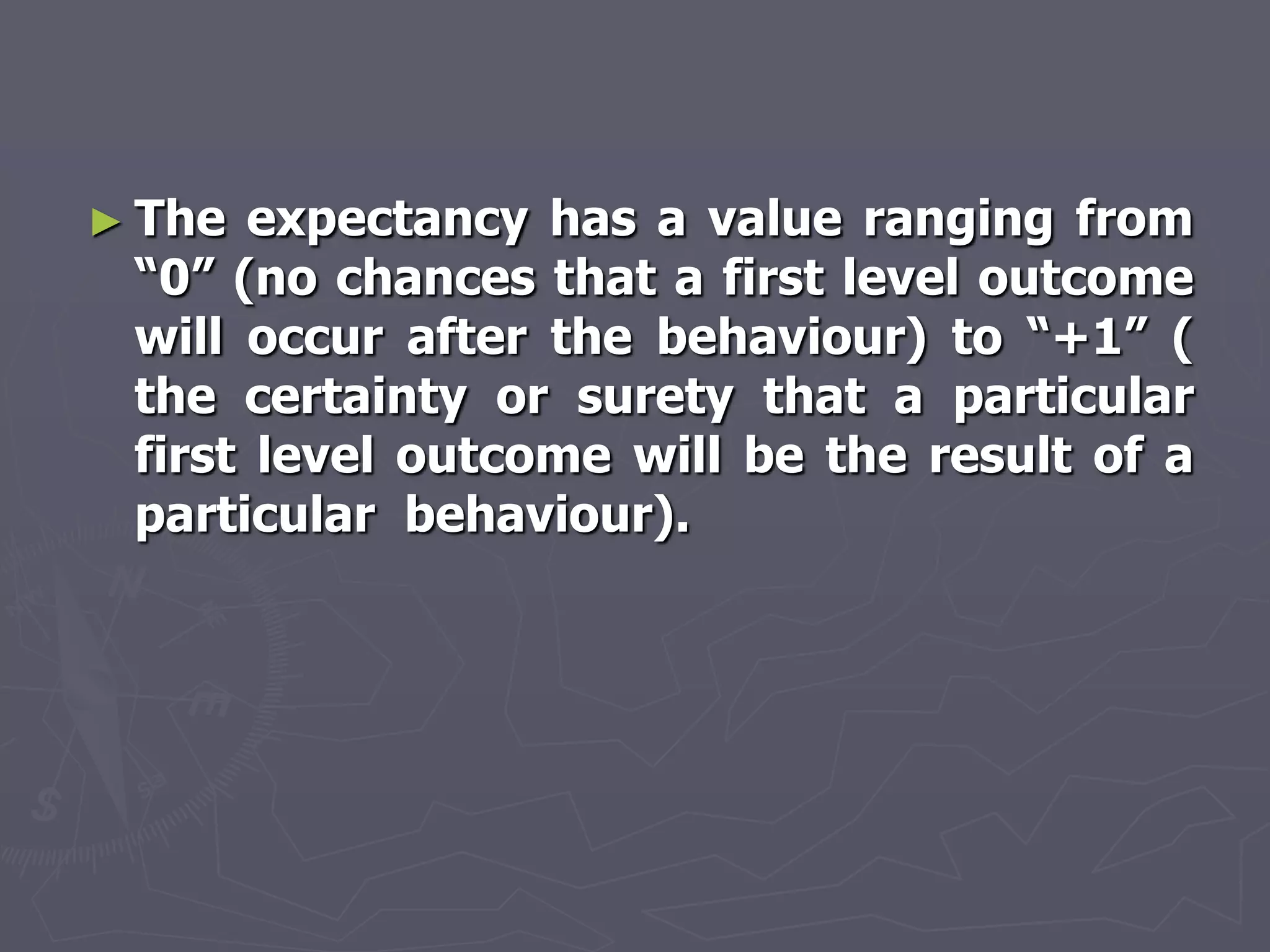 ► The  expectancy has a value ranging from
 ―0‖ (no chances that a first level outcome
 will occur after the behaviour) to ―+1‖ (
 the certainty or surety that a particular
 first level outcome will be the result of a
 particular behaviour).
 