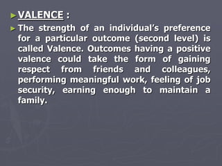 ► VALENCE   :
► The strength of an individual‘s preference
 for a particular outcome (second level) is
 called Valence. Outcomes having a positive
 valence could take the form of gaining
 respect from friends and colleagues,
 performing meaningful work, feeling of job
 security, earning enough to maintain a
 family.
 