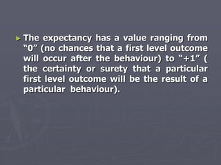 ► The  expectancy has a value ranging from
 ―0‖ (no chances that a first level outcome
 will occur after the behaviour) to ―+1‖ (
 the certainty or surety that a particular
 first level outcome will be the result of a
 particular behaviour).
 