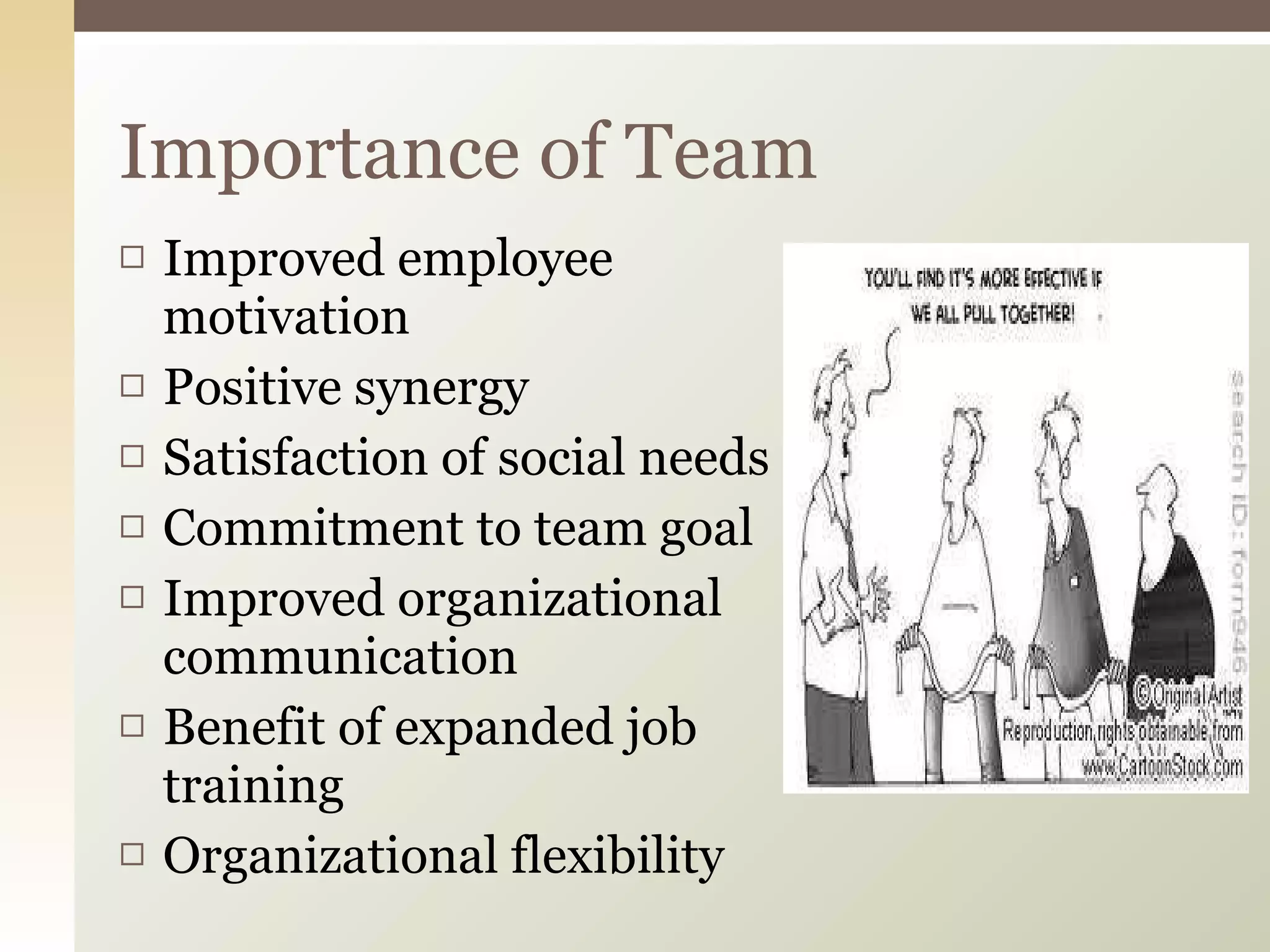 Improved employee motivation Positive synergy Satisfaction of social needs Commitment to team goal Improved organizational communication Benefit of expanded job training Organizational flexibility Importance of Team 