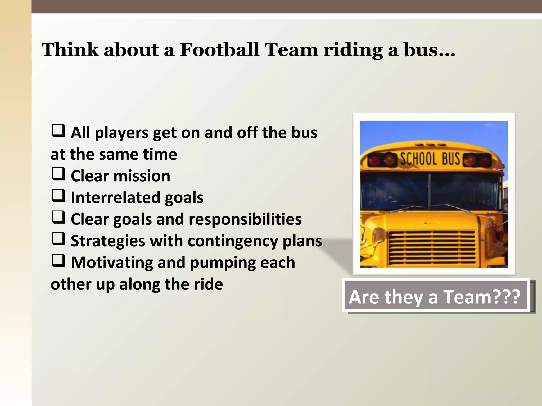 Think about a Football Team riding a bus… All players get on and off the bus at the same time Clear mission Interrelated goals Clear goals and responsibilities Strategies with contingency plans Motivating and pumping each other up along the ride Are they a Team??? 