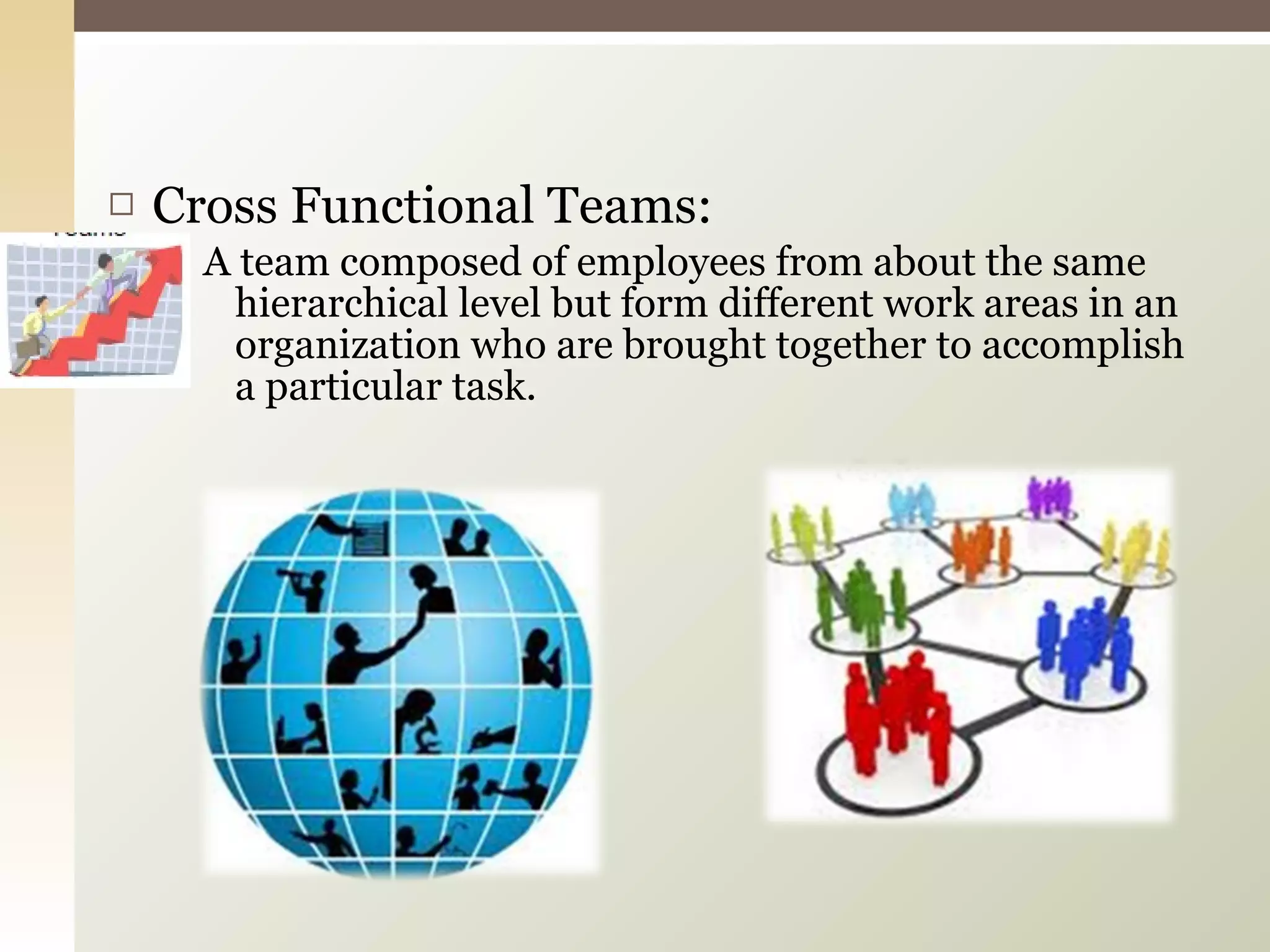 Cross Functional Teams: A team composed of employees from about the same hierarchical level but form different work areas in an organization who are brought together to accomplish a particular task. 
