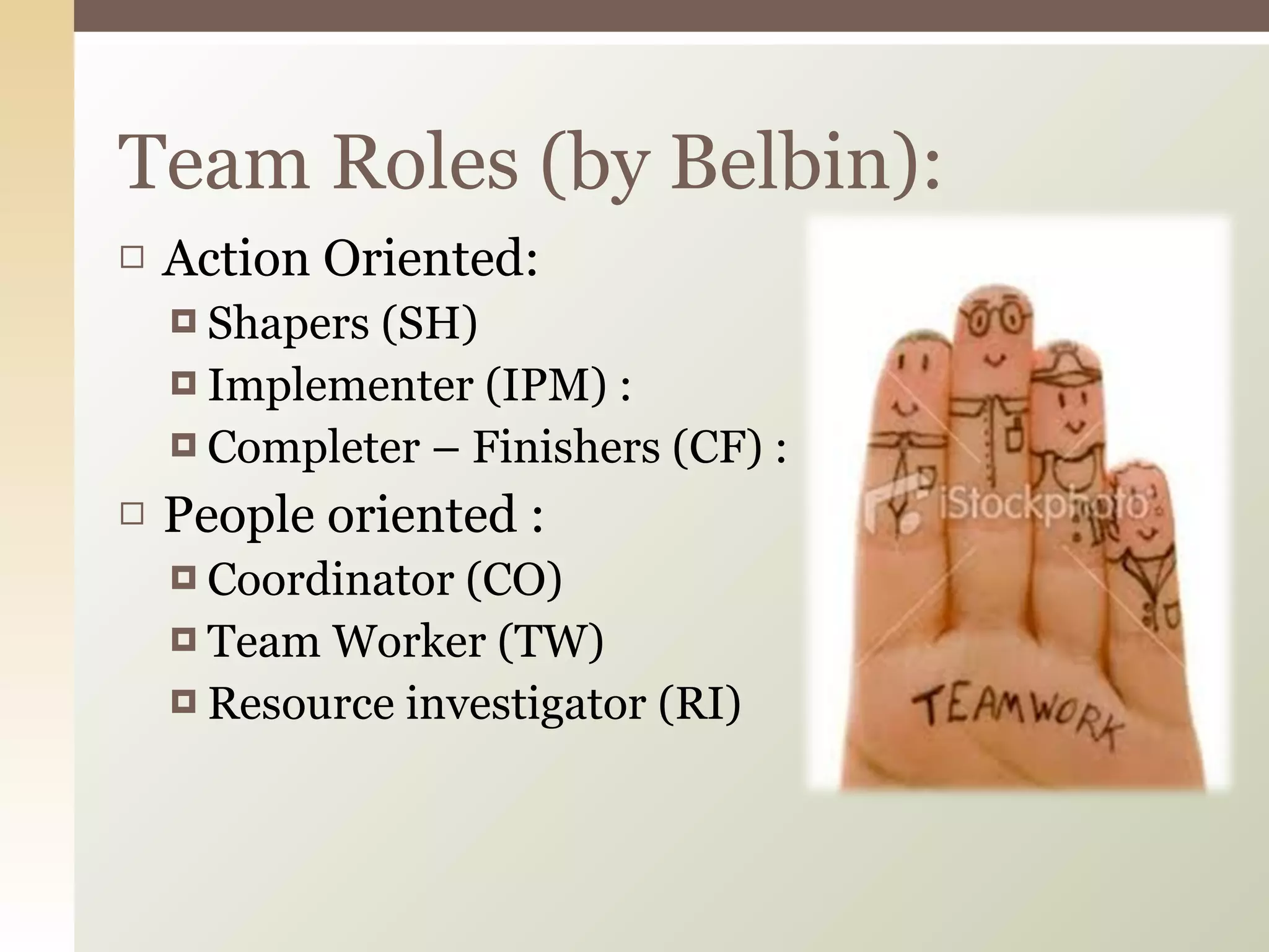 Action Oriented: Shapers (SH)  Implementer (IPM) : Completer – Finishers (CF) : People oriented : Coordinator (CO) Team Worker (TW) Resource investigator (RI) Team Roles (by Belbin): 