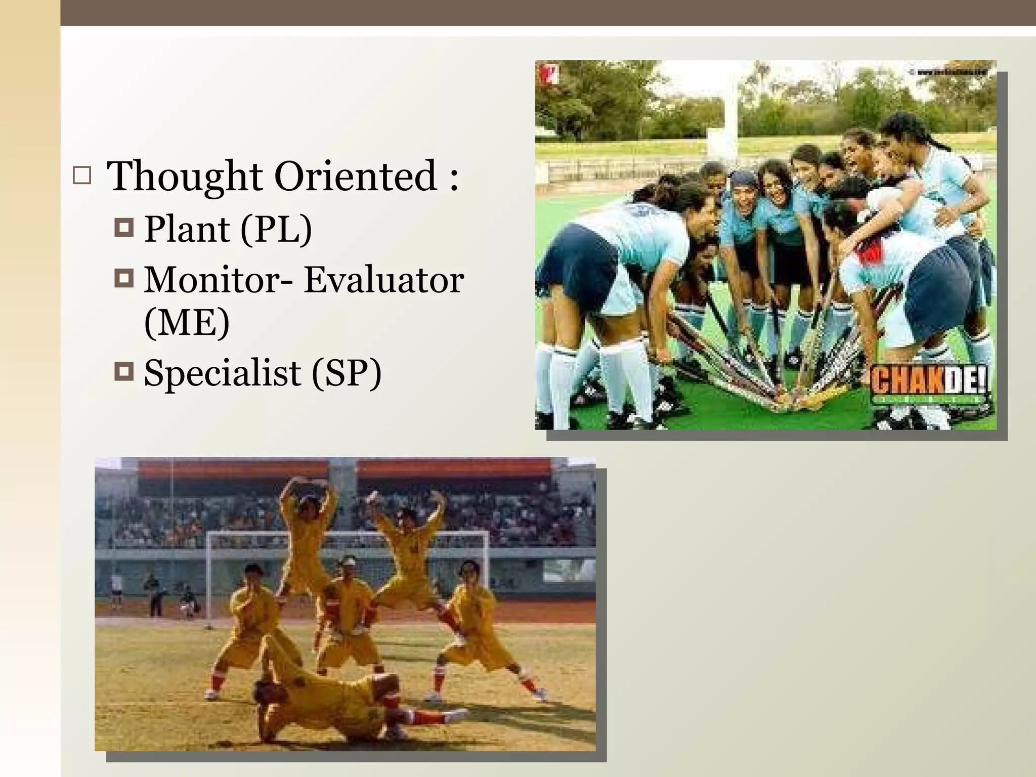 Thought Oriented : Plant (PL) Monitor- Evaluator (ME) Specialist (SP) 