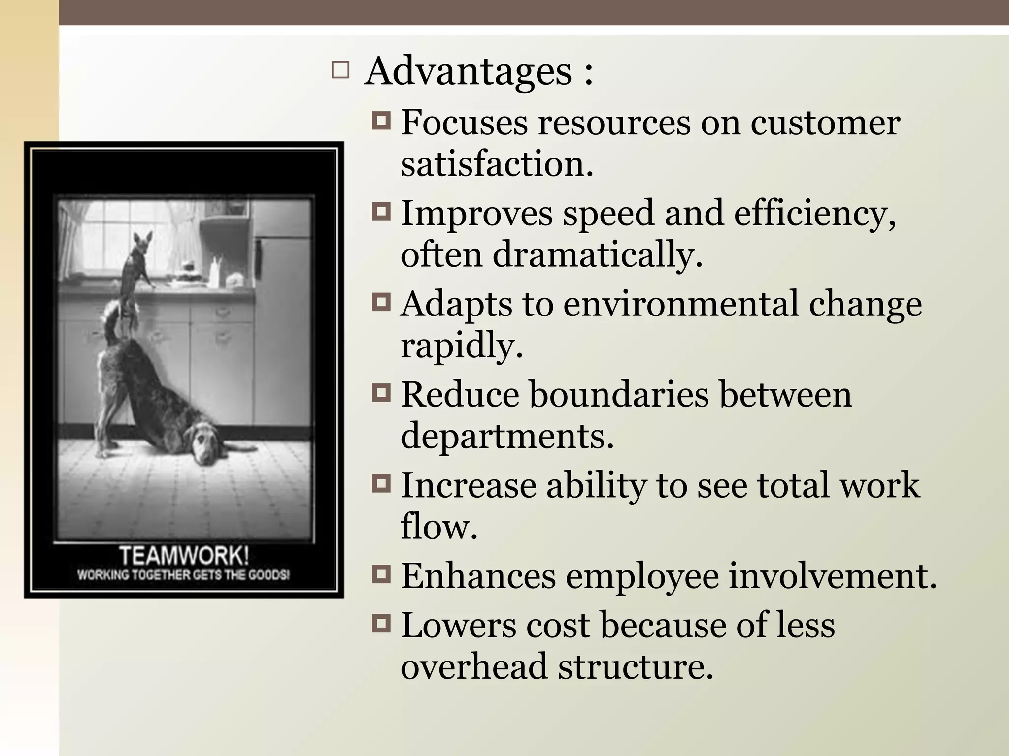 Advantages : Focuses resources on customer satisfaction. Improves speed and efficiency, often dramatically. Adapts to environmental change rapidly. Reduce boundaries between departments. Increase ability to see total work flow. Enhances employee involvement. Lowers cost because of less overhead structure. 