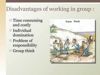 Time consuming and costly Individual domination Problem of responsibility  Group think Disadvantages of working in group : 