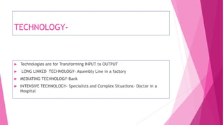 TECHNOLOGY-
 Technologies are for Transforming INPUT to OUTPUT
 LONG LINKED TECHNOLOGY- Assembly Line in a factory
 MEDIATING TECHNOLOGY-Bank
 INTENSIVE TECHNOLOGY- Specialists and Complex Situations- Doctor in a
Hospital
 