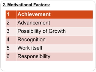 2. Motivational Factors:
1 Achievement
2 Advancement
3 Possibility of Growth
4 Recognition
5 Work itself
6 Responsibility
 
