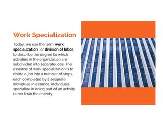Today, we use the term work
specialization , or division of labor,
to describe the degree to which
activities in the organization are
subdivided into separate jobs. The
essence of work specialization is to
divide a job into a number of steps,
each completed by a separate
individual. In essence, individuals
specialize in doing part of an activity
rather than the entirety.
Work Specialization
 