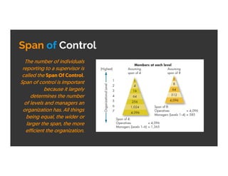 Span of Control
The number of individuals
reporting to a supervisor is
called the Span Of Control.
Span of control is important
because it largely
determines the number
of levels and managers an
organization has. All things
being equal, the wider or
larger the span, the more
efficient the organization.
 
