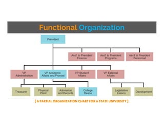 Functional Organization
[ A PARTIAL ORGANIZATION CHART FOR A STATE UNIVERSITY ]
 