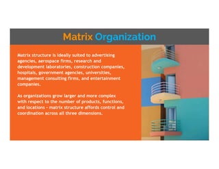 Matrix Organization
Matrix structure is ideally suited to advertising
agencies, aerospace firms, research and
development laboratories, construction companies,
hospitals, government agencies, universities,
management consulting firms, and entertainment
companies.
As organizations grow larger and more complex
with respect to the number of products, functions,
and locations - matrix structure affords control and
coordination across all three dimensions.
 