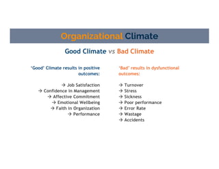 Good Climate vs Bad Climate
Organizational Climate
‘Bad’ results in dysfunctional
outcomes:
 Turnover
 Stress
 Sickness
 Poor performance
 Error Rate
 Wastage
 Accidents
‘Good’ Climate results in positive
outcomes:
 Job Satisfaction
 Confidence in Management
 Affective Commitment
 Emotional Wellbeing
 Faith in Organization
 Performance
 