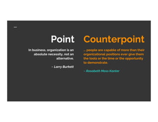 Point Counterpoint
In business, organization is an
absolute necessity, not an
alternative.
~ Larry Burkett
... people are capable of more than their
organizational positions ever give them
the tools or the time or the opportunity
to demonstrate.
~ Rosabeth Moss Kanter
 