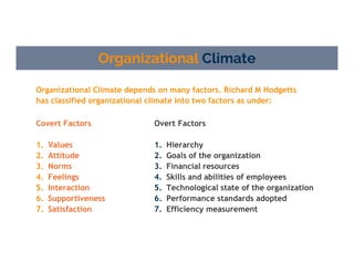 Organizational Climate depends on many factors. Richard M Hodgetts
has classified organizational climate into two factors as under:
Overt Factors
1. Hierarchy
2. Goals of the organization
3. Financial resources
4. Skills and abilities of employees
5. Technological state of the organization
6. Performance standards adopted
7. Efficiency measurement
Covert Factors
1. Values
2. Attitude
3. Norms
4. Feelings
5. Interaction
6. Supportiveness
7. Satisfaction
Organizational Climate
 