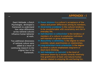 Geert Hofstede, a Dutch
Psychologist, developed a
framework to understand
how value differences
across national cultures
influence human behavior
at work.
Two additional dimensions
of national culture were
added as a result of
continuing research to the
original four in his
framework.
 Power distance is a culture’s acceptance of the
status and power differences among its members.
 Uncertainty avoidance is the cultural tendency
to be uncomfortable with uncertainty and risk in
everyday life.
 Individualism vs collectivism is the tendency of
members of a culture to emphasize individual
self-interests or group relationships.
 Masculinity vs femininity is the degree to which
a society values assertiveness or relationships.
 Long-term/short-term orientation is the degree
to which a culture emphasizes long-term or
short-term thinking.
 Self-indulgence vs restraint is the level of
tolerance shown by a society towards relatively
free gratification of basic and natural human
desires related to enjoying life and having fun.
APPENDIX - I
 