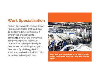 Early in the twentieth century, Henry
Ford demonstrated that work can
be performed more efficiently if
employees are allowed to
specialize. Every Ford worker was
assigned a specific, repetitive
task such as putting on the right-
front wheel or installing the right-
front door. By dividing jobs into
small standardized tasks that could
be performed over and over,
Work Specialization
Ford was able to produce a car every 10 sec,
using employees who had relatively limited
skills.
 