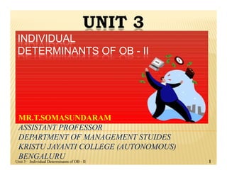 UNIT 3UNIT 3
INDIVIDUAL
DETERMINANTS OF OB - II
Unit 3– Individual Determinants of OB - II 1
MR.T.SOMASUNDARAM
ASSISTANT PROFESSOR
DEPARTMENT OF MANAGEMENT STUIDES
KRISTU JAYANTI COLLEGE (AUTONOMOUS)
BENGALURU
 