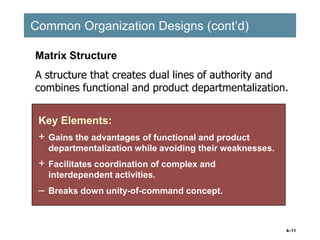 4–11
Common Organization Designs (cont’d)
Common Organization Designs (cont’d)
Key Elements:
+ Gains the advantages of functional and product
departmentalization while avoiding their weaknesses.
+ Facilitates coordination of complex and
interdependent activities.
– Breaks down unity-of-command concept.
Key Elements:
+ Gains the advantages of functional and product
departmentalization while avoiding their weaknesses.
+ Facilitates coordination of complex and
interdependent activities.
– Breaks down unity-of-command concept.
Matrix Structure
A structure that creates dual lines of authority and
combines functional and product departmentalization.
 