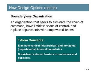 4–14
New Design Options (cont’d)
New Design Options (cont’d)
T-form Concepts:
Eliminate vertical (hierarchical) and horizontal
(departmental) internal boundaries.
Breakdown external barriers to customers and
suppliers.
Boundaryless Organization
An organization that seeks to eliminate the chain of
command, have limitless spans of control, and
replace departments with empowered teams.
 