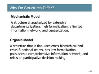 4–15
Why Do Structures Differ?
Why Do Structures Differ?
Mechanistic Model
A structure characterized by extensive
departmentalization, high formalization, a limited
information network, and centralization.
Organic Model
A structure that is flat, uses cross-hierarchical and
cross-functional teams, has low formalization,
possesses a comprehensive information network, and
relies on participative decision making.
 