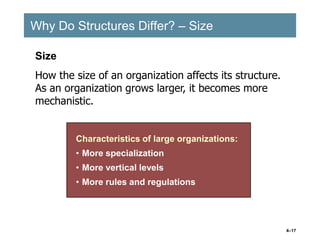 4–17
Why Do Structures Differ? – Size
Why Do Structures Differ? – Size
Characteristics of large organizations:
• More specialization
• More vertical levels
• More rules and regulations
Characteristics of large organizations:
• More specialization
• More vertical levels
• More rules and regulations
Size
How the size of an organization affects its structure.
As an organization grows larger, it becomes more
mechanistic.
 