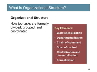 4-2
What Is Organizational Structure?
What Is Organizational Structure?
Key Elements:
• Work specialization
• Departmentalization
• Chain of command
• Span of control
• Centralization and
decentralization
• Formalization
Key Elements:
• Work specialization
• Departmentalization
• Chain of command
• Span of control
• Centralization and
decentralization
• Formalization
Organizational Structure
How job tasks are formally
divided, grouped, and
coordinated.
 