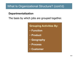 4–4
What Is Organizational Structure? (cont’d)
What Is Organizational Structure? (cont’d)
Grouping Activities By:
• Function
• Product
• Geography
• Process
• Customer
Departmentalization
The basis by which jobs are grouped together.
 