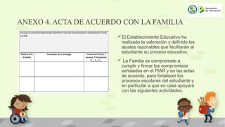 ANEXO 4. ACTA DE ACUERDO CON LA FAMILIA
El Establecimiento Educativo ha
realizado la valoración y definido los
ajustes razonables que facilitarán al
estudiante su proceso educativo.
 La Familia se compromete a
cumplir y firmar los compromisos
señalados en el PIAR y en las actas
de acuerdo, para fortalecer los
procesos escolares del estudiante y
en particular a que en casa apoyará
con las siguientes actividades.
 