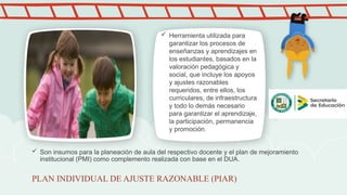 PLAN INDIVIDUAL DE AJUSTE RAZONABLE (PIAR)
 Son insumos para la planeación de aula del respectivo docente y el plan de mejoramiento
institucional (PMI) como complemento realizada con base en el DUA.
 Herramienta utilizada para
garantizar los procesos de
enseñanzas y aprendizajes en
los estudiantes, basados en la
valoración pedagógica y
social, que incluye los apoyos
y ajustes razonables
requeridos, entre ellos, los
curriculares, de infraestructura
y todo lo demás necesario
para garantizar el aprendizaje,
la participación, permanencia
y promoción.
 
