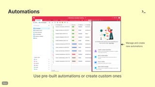 Automations
Usepre-builtautomationsorcreatecustomones
Manageandcreate
newautomations
 