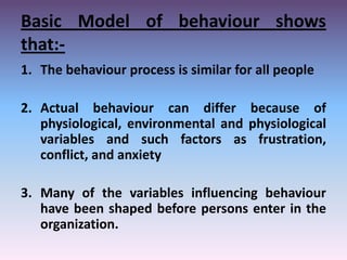 Basic Model of behaviour shows
that:1. The behaviour process is similar for all people
2. Actual behaviour can differ because of
physiological, environmental and physiological
variables and such factors as frustration,
conflict, and anxiety
3. Many of the variables influencing behaviour
have been shaped before persons enter in the
organization.

 