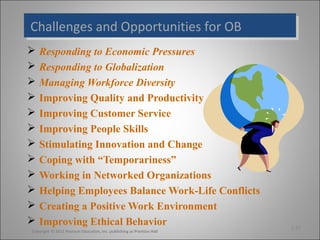 Challenges and Opportunities for OB
Challenges and Opportunities for OB













Responding to Economic Pressures
Responding to Globalization
Managing Workforce Diversity
Improving Quality and Productivity
Improving Customer Service
Improving People Skills
Stimulating Innovation and Change
Coping with “Temporariness”
Working in Networked Organizations
Helping Employees Balance Work-Life Conflicts
Creating a Positive Work Environment
Improving Ethical Behavior

Copyright © 2011 Pearson Education, Inc. publishing as Prentice Hall

1-23

 