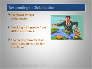 Responding to Globalization
Responding to Globalization
 Increased foreign
assignments
 Working with people from
different cultures
 Overseeing movement of
jobs to countries with lowcost labor

Copyright © 2011 Pearson Education, Inc. publishing as Prentice Hall

1-25

 