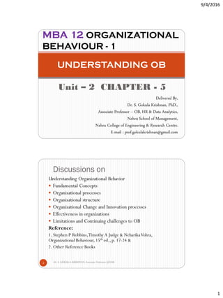 9/4/2016
1
Unit – 2 CHAPTER - 5
UNDERSTANDING OB
MBA 12 ORGANIZATIONAL
BEHAVIOUR - 1
Delivered By,
Dr. S. Gokula Krishnan, PhD.,
Associate Professor – OB, HR & Data Analytics,
Nehru School of Management,
Nehru College of Engineering & Research Centre.
E-mail : prof.gokulakrishnan@gmail.com
Discussions on
Dr. S. GOKULA KRISHNAN, Associate Professor @NSM2
Understanding Organizational Behavior
 Fundamental Concepts
 Organizational processes
 Organizational structure
 Organizational Change and Innovation processes
 Effectiveness in organizations
 Limitations and Continuing challenges to OB
Reference:
1. Stephen P Robbins,TimothyA Judge & NeharikaVohra,
Organizational Behaviour, 15th ed., p. 17-24 &
2. Other Reference Books
 