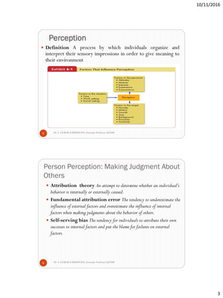 10/11/2016
3
Perception
Dr. S. GOKULA KRISHNAN,Associate Professor @NSM5
 Definition A process by which individuals organize and
interpret their sensory impressions in order to give meaning to
their environment
Person Perception: Making Judgment About
Others
Dr. S. GOKULA KRISHNAN,Associate Professor @NSM6
 Attribution theory An attempt to determine whether an individual’s
behavior is internally or externally caused.
 Fundamental attribution error The tendency to underestimate the
influence of external factors and overestimate the influence of internal
factors when making judgments about the behavior of others.
 Self-serving bias The tendency for individuals to attribute their own
successes to internal factors and put the blame for failures on external
factors.
 