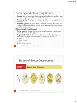 10/12/2016
3
Defining and Classifying Groups
Dr. S. GOKULA KRISHNAN,Associate Professor @NSM5
 Group Two or more individuals, interacting and interdependent, who
have come together to achieve particular objectives.
 Formal group A designated work group defined by an organization’s
structure
 Informal group A group that is neither formally structured nor
organizationally determined; such a group appears in response to the
need for social contact.
Why do People Form Groups?
 Social identity theory Perspective that considers when and why individuals
consider themselves members of groups.
 In-group favoritism Perspective in which we see members of our ingroup as
better than other people,and people not in our group as all the same.
 Similarity
 Distinctiveness
 Status
 Uncertainty reduction
Stages of Group Development
Dr. S. GOKULA KRISHNAN,Associate Professor @NSM6
 