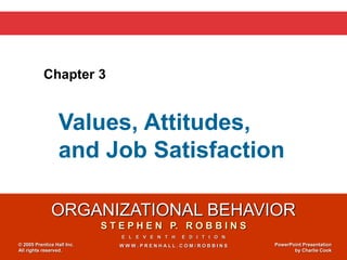 ORGANIZATIONAL BEHAVIOR
S T E P H E N P. R O B B I N S
E L E V E N T H E D I T I O N
W W W . P R E N H A L L . C O M / R O B B I N S
© 2005 Prentice Hall Inc.
All rights reserved.
PowerPoint Presentation
by Charlie Cook
Chapter 3
Values, Attitudes,
and Job Satisfaction
 