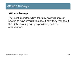 © 2005 Prentice Hall Inc. All rights reserved. 3–12
Attitude Surveys
Attitude Surveys
The most important data that any organization can
have is to have information about how they feel about
their jobs, work groups, supervisors, and the
organization.
 