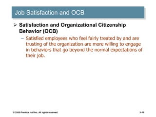 © 2005 Prentice Hall Inc. All rights reserved. 3–18
Job Satisfaction and OCB
 Satisfaction and Organizational Citizenship
Behavior (OCB)
– Satisfied employees who feel fairly treated by and are
trusting of the organization are more willing to engage
in behaviors that go beyond the normal expectations of
their job.
 