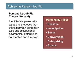 4–15
Achieving Person-Job FitAchieving Person-Job Fit
Personality Types
• Realistic
• Investigative
• Social
• Conventional
• Enterprising
• Artistic
Personality Types
• Realistic
• Investigative
• Social
• Conventional
• Enterprising
• Artistic
Personality-Job Fit
Theory (Holland)
Identifies six personality
types and proposes that
the fit between personality
type and occupational
environment determines
satisfaction and turnover.
 