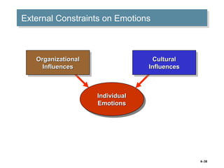 4–38
External Constraints on EmotionsExternal Constraints on Emotions
OrganizationalOrganizational
InfluencesInfluences
OrganizationalOrganizational
InfluencesInfluences
CulturalCultural
InfluencesInfluences
CulturalCultural
InfluencesInfluences
IndividualIndividual
EmotionsEmotions
IndividualIndividual
EmotionsEmotions
 