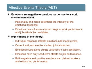 4–39
Affective Events Theory (AET)Affective Events Theory (AET)
 Emotions are negative or positive responses to a work
environment event.
– Personality and mood determine the intensity of the
emotional response.
– Emotions can influence a broad range of work performance
and job satisfaction variables.
 Implications of the theory:
– Individual response reflects emotions and mood cycles.
– Current and past emotions affect job satisfaction.
– Emotional fluctuations create variations in job satisfaction.
– Emotions have only short-term effects on job performance.
– Both negative and positive emotions can distract workers
and reduce job performance.
 