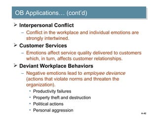 4–42
OB Applications… (cont’d)OB Applications… (cont’d)
 Interpersonal Conflict
– Conflict in the workplace and individual emotions are
strongly intertwined.
 Customer Services
– Emotions affect service quality delivered to customers
which, in turn, affects customer relationships.
 Deviant Workplace Behaviors
– Negative emotions lead to employee deviance
(actions that violate norms and threaten the
organization).
• Productivity failures
• Property theft and destruction
• Political actions
• Personal aggression
 