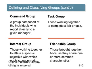 Defining and Classifying Groups (cont’d)
Defining and Classifying Groups (cont’d)

  Command Group           Task Group
  A group composed of     Those working together
  the individuals who     to complete a job or task.
  report directly to a
  given manager.


  Interest Group           Friendship Group
 Those working together    Those brought together
 to attain a specific      because they share one
 objective with which      or more common
© 2005is concerned.Inc.
 each Prentice Hall        characteristics.
All rights reserved.                             8–3
 