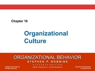 Chapter 16



                            Organizational
                            Culture

              ORGANIZATIONAL BEHAVIOR
                             S T E P H E N P. R O B B I N S
                                 E L E V E N T H   E D I T I O N
© 2005 Prentice Hall Inc.        WWW.PRENHALL.COM/ROBBINS          PowerPoint Presentation
All rights reserved.                                                      by Charlie Cook
 